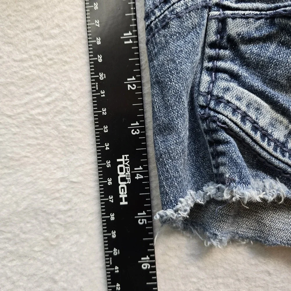 True Religion Rocco Moto Biker Denim Shorts Mens 40 Blue Raw Hem Distressed Y2K